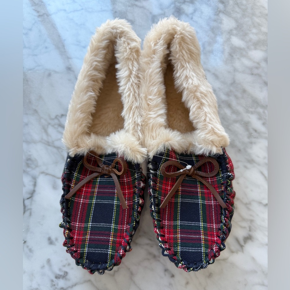 J. Crew Plaid Slippers with Faux Fur Lining